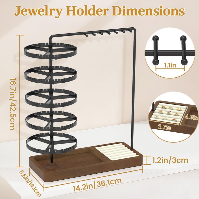 MODOWEY Earring Holder Organizer Jewelry Stand, 285 U-Slots Adjustable Rotating Earring Tree Rack, 14 Hooks Tall Necklace Display for Women, 5 Tier Compact Large Capacity Tower with Ring Tray, Black - Image 4